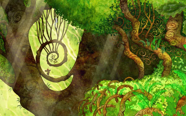 HD desktop wallpaper featuring an artistic scene from The Secret of Kells with stylized trees and Celtic patterns.