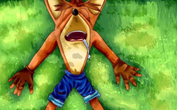 Crash Bandicoot, the iconic video game character, sprawls on a lush green background in this vibrant HD PC desktop wallpaper, showcasing his playful and adventurous spirit.
