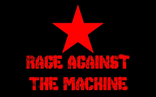 A bold HD desktop wallpaper featuring the iconic red star and the text RAGE AGAINST THE MACHINE in striking red lettering on a black background.
