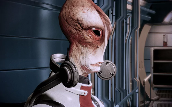 HD desktop wallpaper featuring Mordin Solus from Mass Effect 2, posed in profile against a ship's interior.