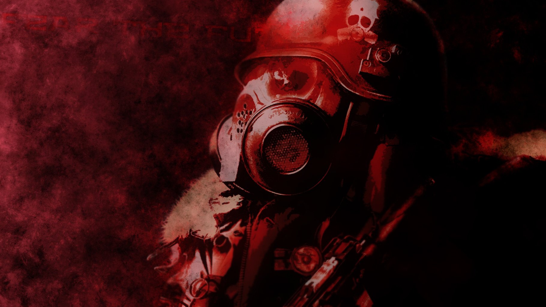 HD PC desktop wallpaper showing a gas-masked soldier from the video game Metro 2033, skull-marked helmet against a red, smoky post-apocalyptic backdrop.
