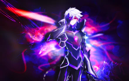 HD desktop wallpaper and background featuring a character from the video game Elsword, dressed in dark armor with glowing accents and surrounded by vibrant, colorful effects.