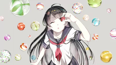 A cheerful anime character in a school uniform holds a marble, surrounded by colorful orbs, creating a vibrant atmosphere. High-definition PC desktop wallpaper and background.