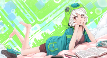 Anime-style original artwork of a white-haired girl in a green frog hoodie, lying on her stomach with an open book, set against a vibrant green and blue HD desktop wallpaper background.
