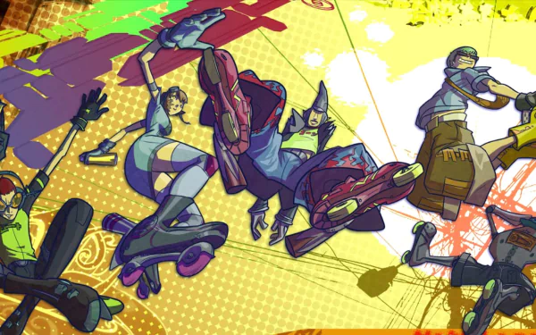 HD PC desktop wallpaper featuring dynamic characters rollerblading from the video game Jet Set Radio Future in a vibrant, urban-inspired design.