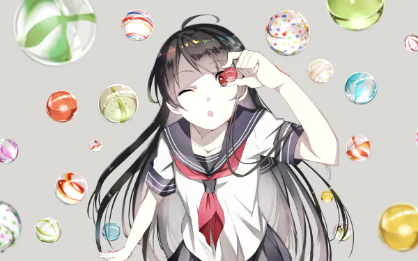 A cheerful anime character in a school uniform holds a marble, surrounded by colorful orbs, creating a vibrant atmosphere. High-definition PC desktop wallpaper and background.