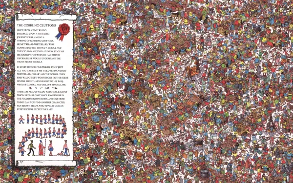 HD desktop wallpaper featuring a dense crowd of illustrated people in a colorful, detailed Where's Waldo style scene with man-made elements.