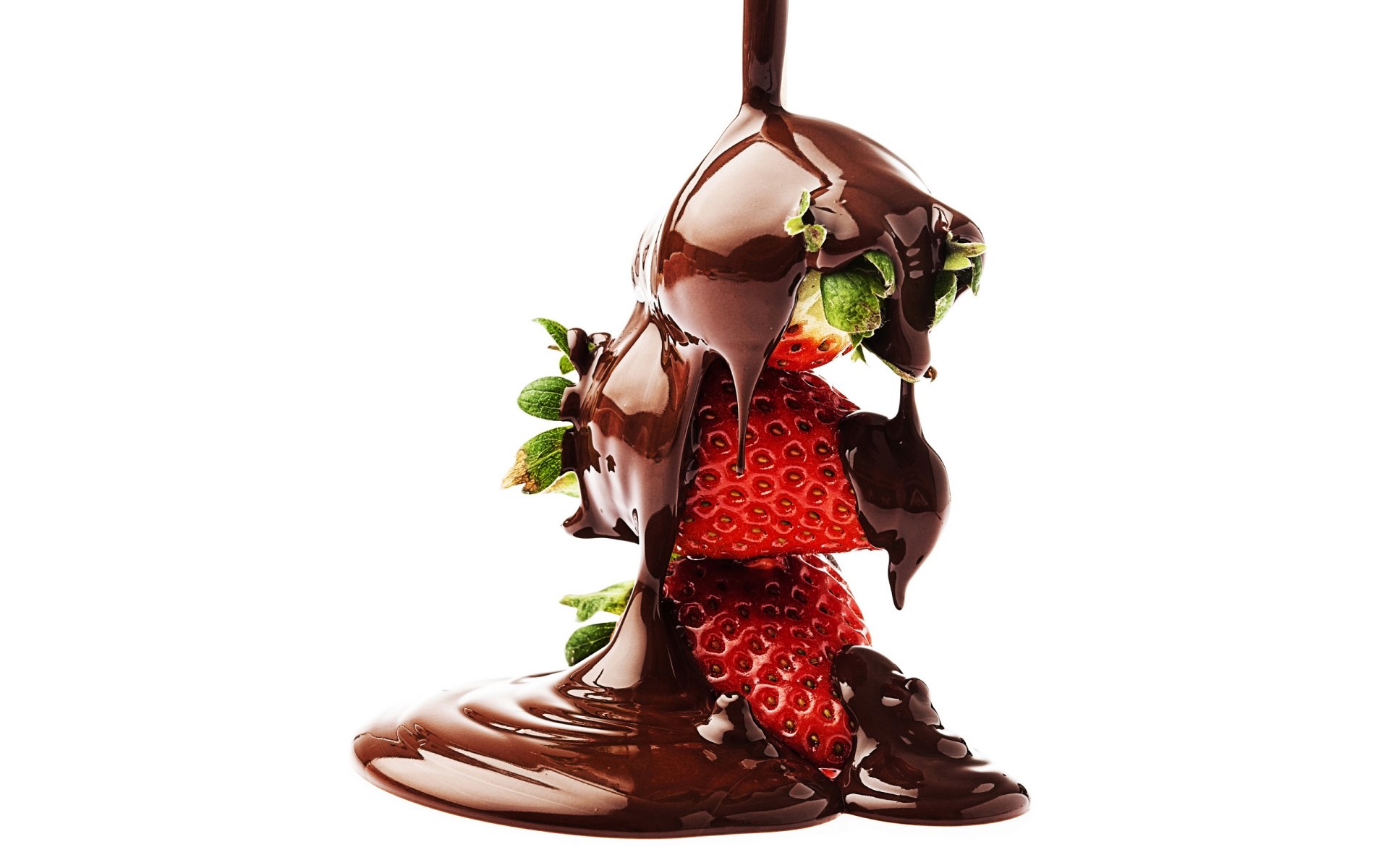 2K Quad HD PC desktop wallpaper and background: ripe strawberries drenched in glossy melted chocolate, cascading and pooling on a clean white background. (food, strawberry)