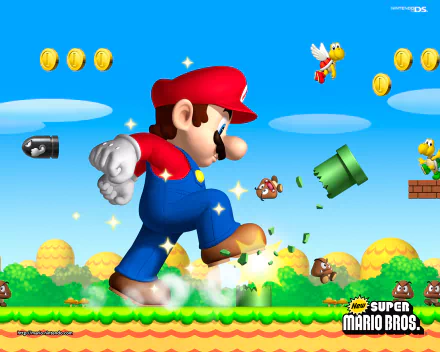 A vibrant HD wallpaper featuring Mario jumping on a Goomba, with Bullet Bill and Koopa Troopa in the backdrop, capturing the excitement of New Super Mario Bros. gameplay.