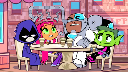 A colorful HD wallpaper featuring Beast Boy, Cyborg, Starfire, Raven, and their interactions in a café setting from the TV show Teen Titans Go!.