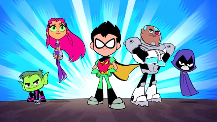 HD desktop wallpaper featuring characters from Teen Titans Go! including Robin, Starfire, Beast Boy (Garfield Logan), Cyborg, and Raven, posing heroically against a vibrant background.
