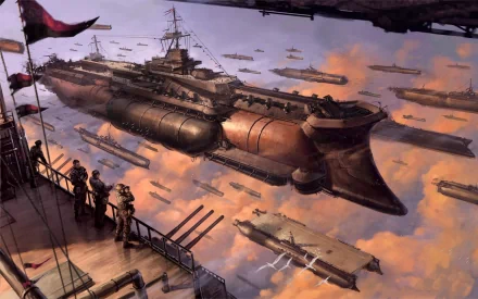 HD desktop wallpaper featuring an epic scene from the anime Last Exile, showcasing an impressive battleship amidst numerous smaller ships, with characters observing from a deck.