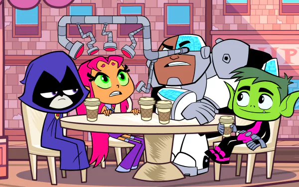 A colorful HD wallpaper featuring Beast Boy, Cyborg, Starfire, Raven, and their interactions in a café setting from the TV show Teen Titans Go!.