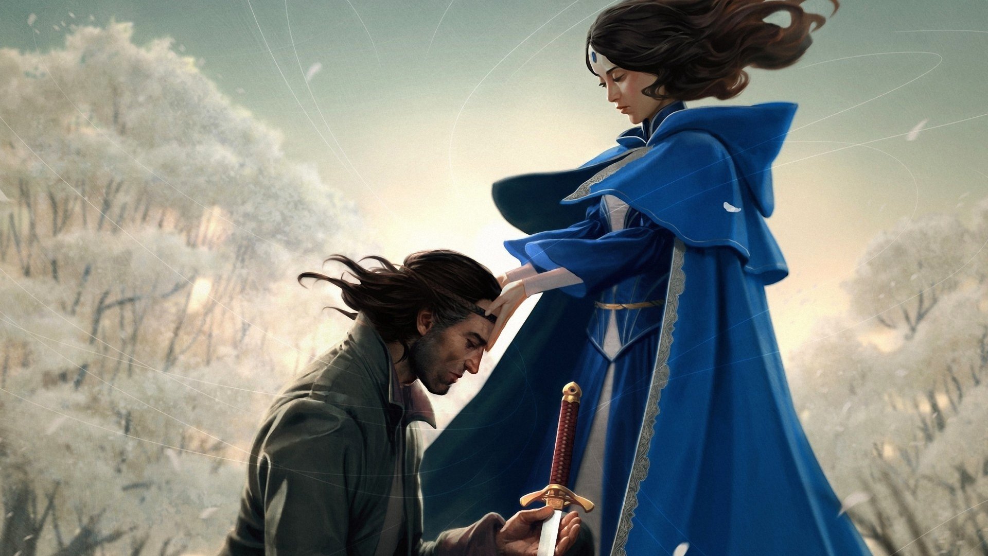 A fantasy warrior kneels before a powerful figure in blue, set against a snowy backdrop, inspired by The Wheel of Time. This HD image serves as an epic desktop wallpaper.
