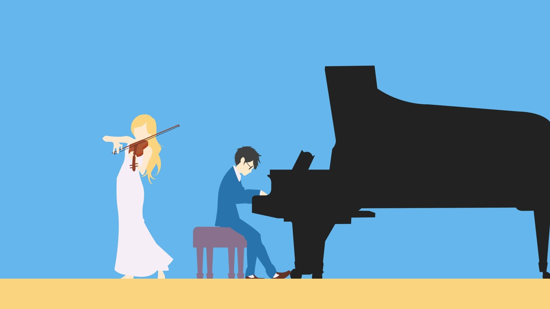 A vibrant anime illustration from Your Lie in April, featuring Kaori Miyazono playing the violin and Kousei Arima on piano, set against a bright blue background. 4K Ultra HD quality.