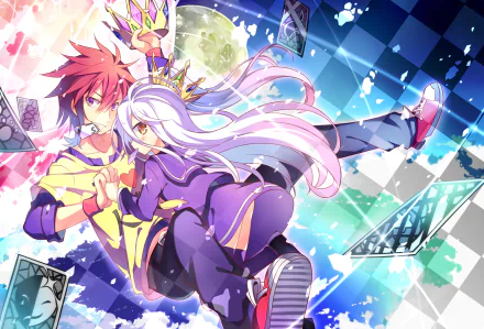 Shiro and Sora from No Game No Life in an HD anime wallpaper with vibrant colors and a dynamic composition.