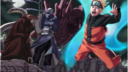 A dynamic HD wallpaper featuring Jūbi, Kabuto Yakushi, Obito Uchiha, and Naruto Uzumaki in a dramatic anime scene inspired by Naruto.