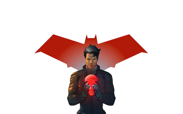 A striking HD desktop wallpaper featuring Red Hood, holding a red skull, with a bold red bat silhouette in the background, capturing the essence of the comic universe.