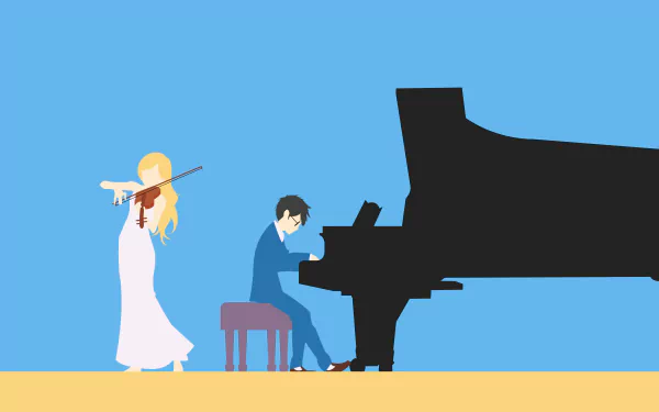 A vibrant anime illustration from Your Lie in April, featuring Kaori Miyazono playing the violin and Kousei Arima on piano, set against a bright blue background. 4K Ultra HD quality.