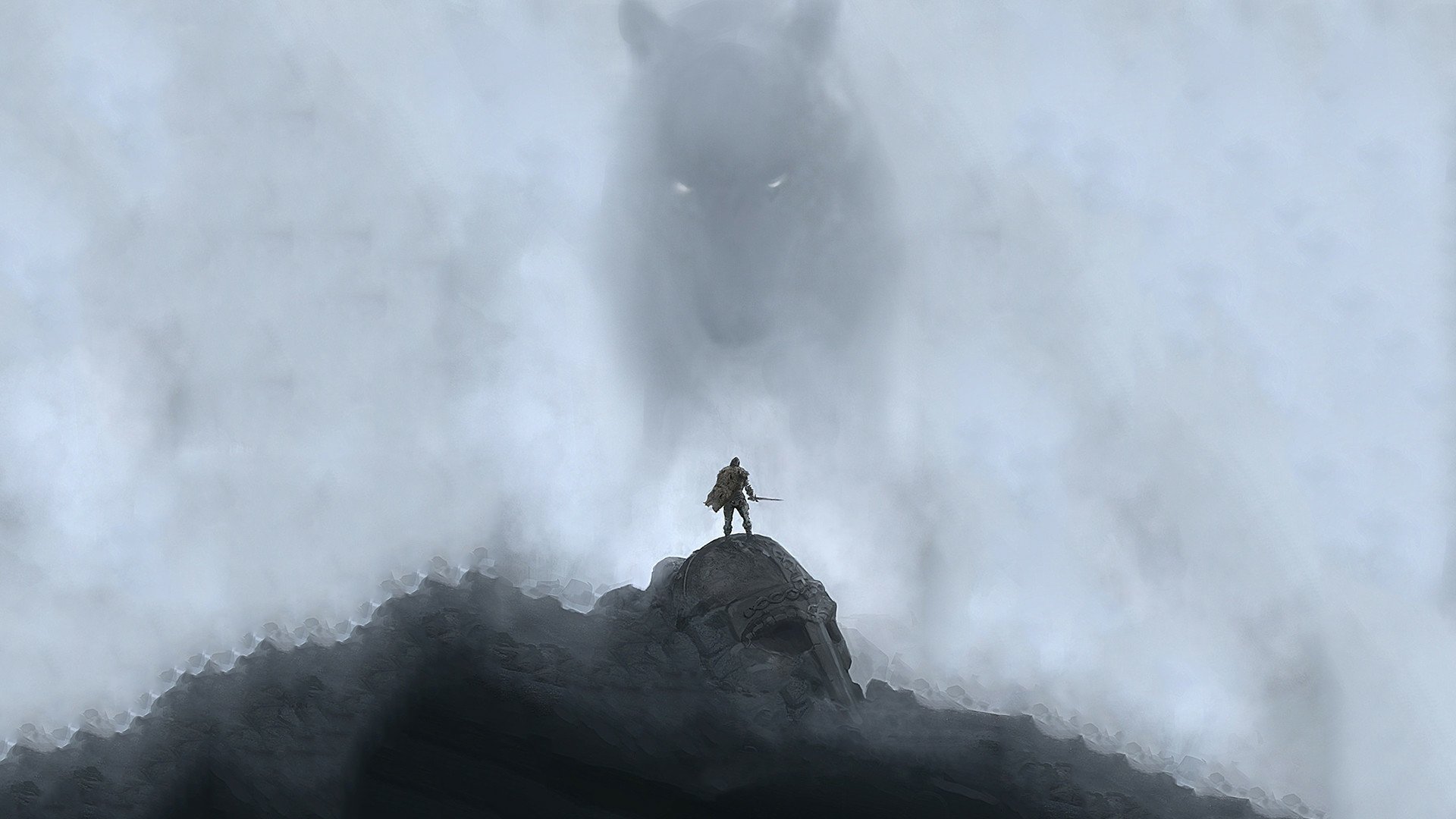 A dramatic HD desktop wallpaper from The Elder Scrolls V: Skyrim, featuring a lone character atop a mountain, surrounded by mist and a looming wolf silhouette in the background.