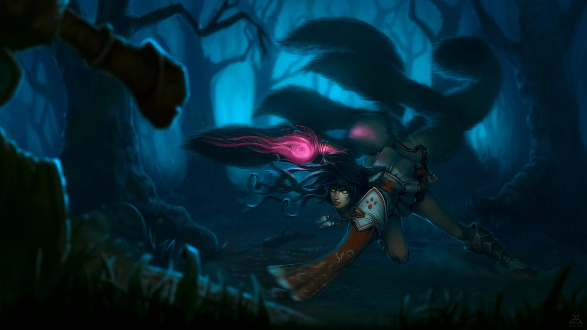 Dark, atmospheric 4K Ultra HD PC wallpaper featuring Ahri from League of Legends in a shadowy forest, highlighting a moody, intense gaming vibe.