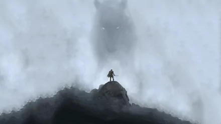 A dramatic HD desktop wallpaper from The Elder Scrolls V: Skyrim, featuring a lone character atop a mountain, surrounded by mist and a looming wolf silhouette in the background.
