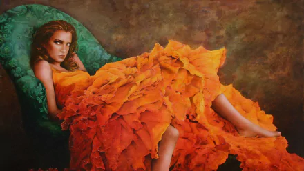 Artistic portrait painting of a reclining figure in a voluminous orange ruffled gown on a green chair — 2K Quad HD PC Desktop Wallpaper and Background.