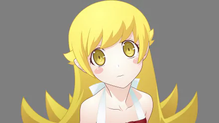 A vibrant 4K Ultra HD wallpaper featuring Shinobu Oshino from Bakemonogatari, showcasing her blonde hair, yellow eyes, and a soft blush expression. Anime artistry at its finest.