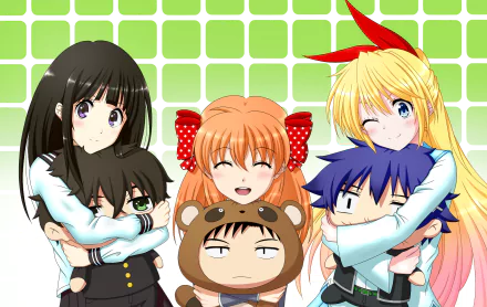 HD desktop wallpaper featuring a crossover of characters from Gekkan Shoujo Nozaki-kun, Nisekoi, and Hyouka, including Chiyo Sakura, Chitoge Kirisaki, and Eru Chitanda against a gradient green and white background.