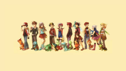 HD wallpaper featuring a group of iconic Pokémon trainers with their partner Pokémon lined up against a light beige background.