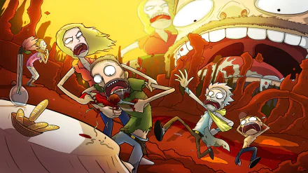 A vibrant HD wallpaper featuring characters from Rick and Morty: Summer, Jerry, Beth, Morty, and Rick, in a chaotic scene with dramatic expressions and surreal backgrounds.