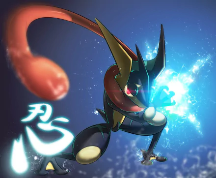 HD desktop wallpaper featuring Greninja, a Pokémon from the anime series, striking a dynamic pose with a glowing water-based attack against a dark, starry background.
