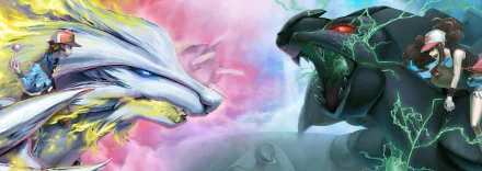 HD desktop wallpaper featuring Zekrom and Reshiram from the Pokémon anime, set against a dynamic, colorful background.