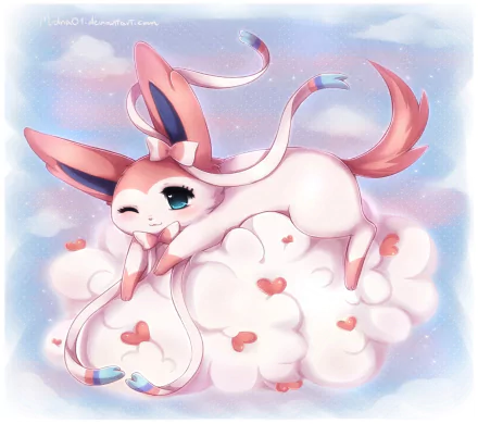 HD desktop wallpaper of Sylveon, an Eeveelution from Pokémon, depicted in an anime style. Sylveon is playfully lounging on a fluffy cloud with heart-shaped accents against a soft pastel sky background.