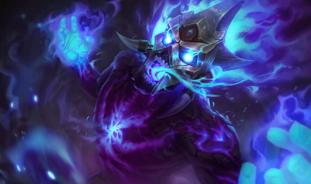 HD PC desktop wallpaper featuring Brand, a fiery character from the League of Legends video game, surrounded by intense blue and purple flames.
