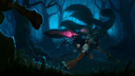 Dark, atmospheric 4K Ultra HD PC wallpaper featuring Ahri from League of Legends in a shadowy forest, highlighting a moody, intense gaming vibe.