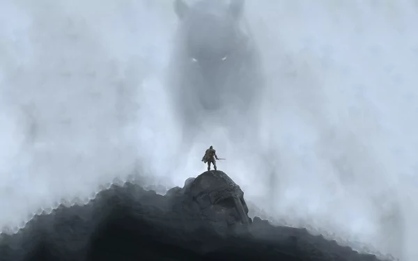 A dramatic HD desktop wallpaper from The Elder Scrolls V: Skyrim, featuring a lone character atop a mountain, surrounded by mist and a looming wolf silhouette in the background.