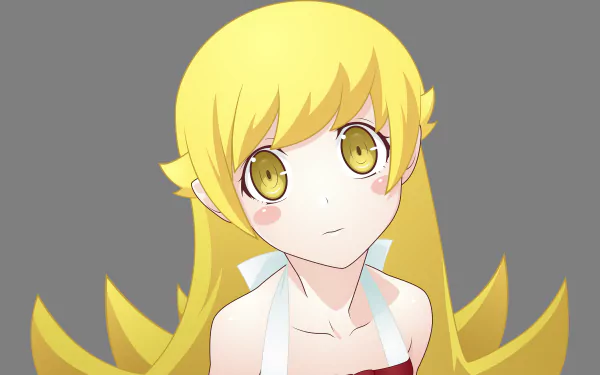 A vibrant 4K Ultra HD wallpaper featuring Shinobu Oshino from Bakemonogatari, showcasing her blonde hair, yellow eyes, and a soft blush expression. Anime artistry at its finest.