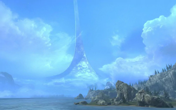 A stunning HD wallpaper from the video game Halo: Reach, featuring a serene beach scene beneath a brilliant blue sky and a massive ring structure in the distance.