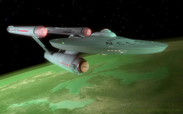 HD PC wallpaper of the USS Enterprise from Star Trek: The Original Series above a green planet with stars — TV show desktop background.