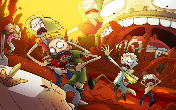 A vibrant HD wallpaper featuring characters from Rick and Morty: Summer, Jerry, Beth, Morty, and Rick, in a chaotic scene with dramatic expressions and surreal backgrounds.