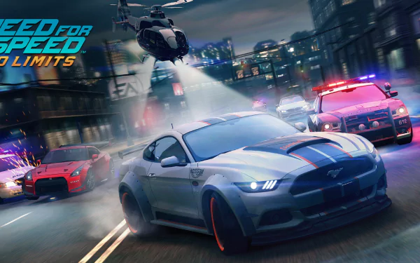 Dynamic HD wallpaper featuring intense action from Need For Speed: No Limits, showcasing a thrilling car chase with police cars and a helicopter in a vibrant city setting.