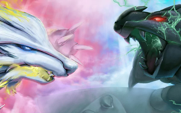 HD desktop wallpaper featuring Zekrom and Reshiram from the Pokémon anime, set against a dynamic, colorful background.