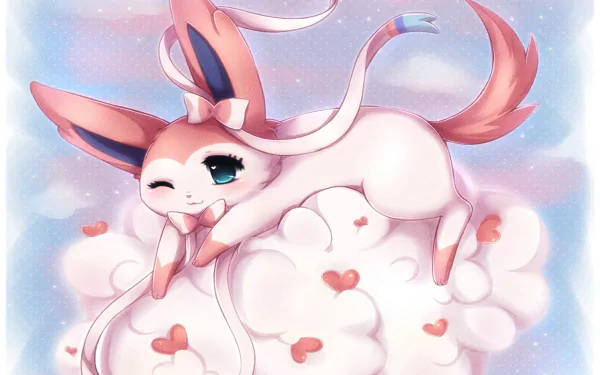 HD desktop wallpaper of Sylveon, an Eeveelution from Pokémon, depicted in an anime style. Sylveon is playfully lounging on a fluffy cloud with heart-shaped accents against a soft pastel sky background.