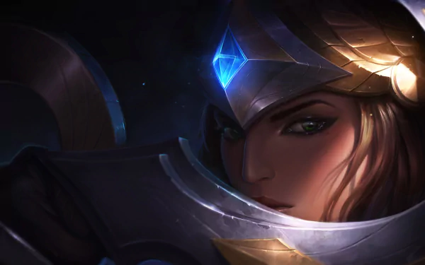 HD wallpaper featuring Sivir from League of Legends, showcasing her fierce expression and iconic armor against a dark, textured background inspired by Shurima.