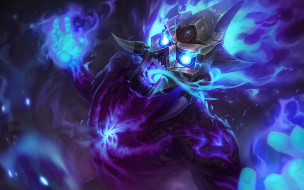 HD PC desktop wallpaper featuring Brand, a fiery character from the League of Legends video game, surrounded by intense blue and purple flames.