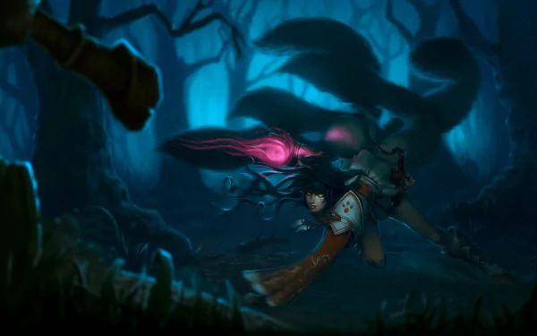 Dark, atmospheric 4K Ultra HD PC wallpaper featuring Ahri from League of Legends in a shadowy forest, highlighting a moody, intense gaming vibe.