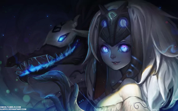 HD desktop wallpaper featuring Kindred from the video game League of Legends, with a dark, mystical background and glowing blue details.
