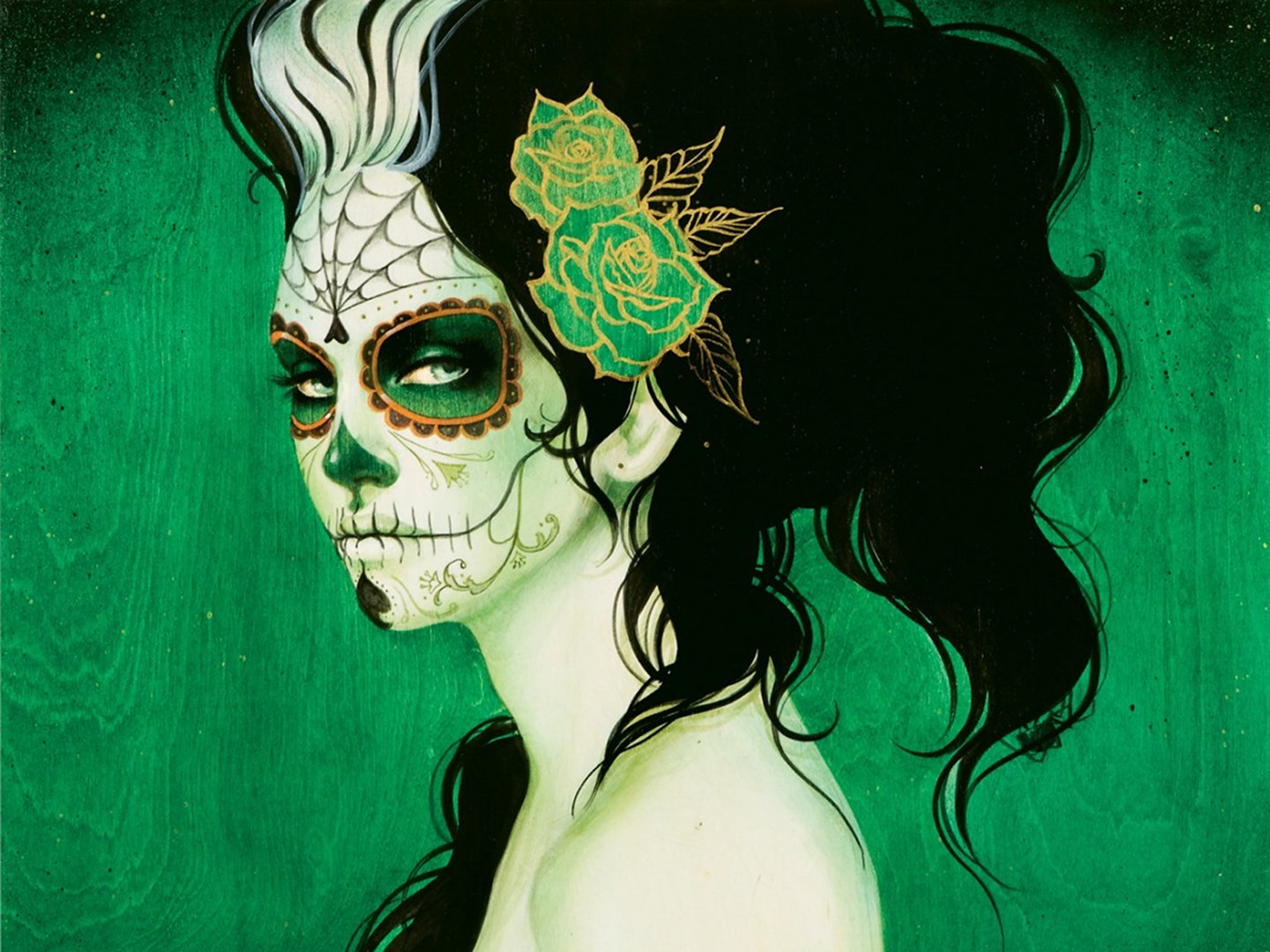 Artistic sugar-skull portrait of a woman with green roses and flowing black hair on a textured emerald backdrop — HD PC desktop wallpaper.
