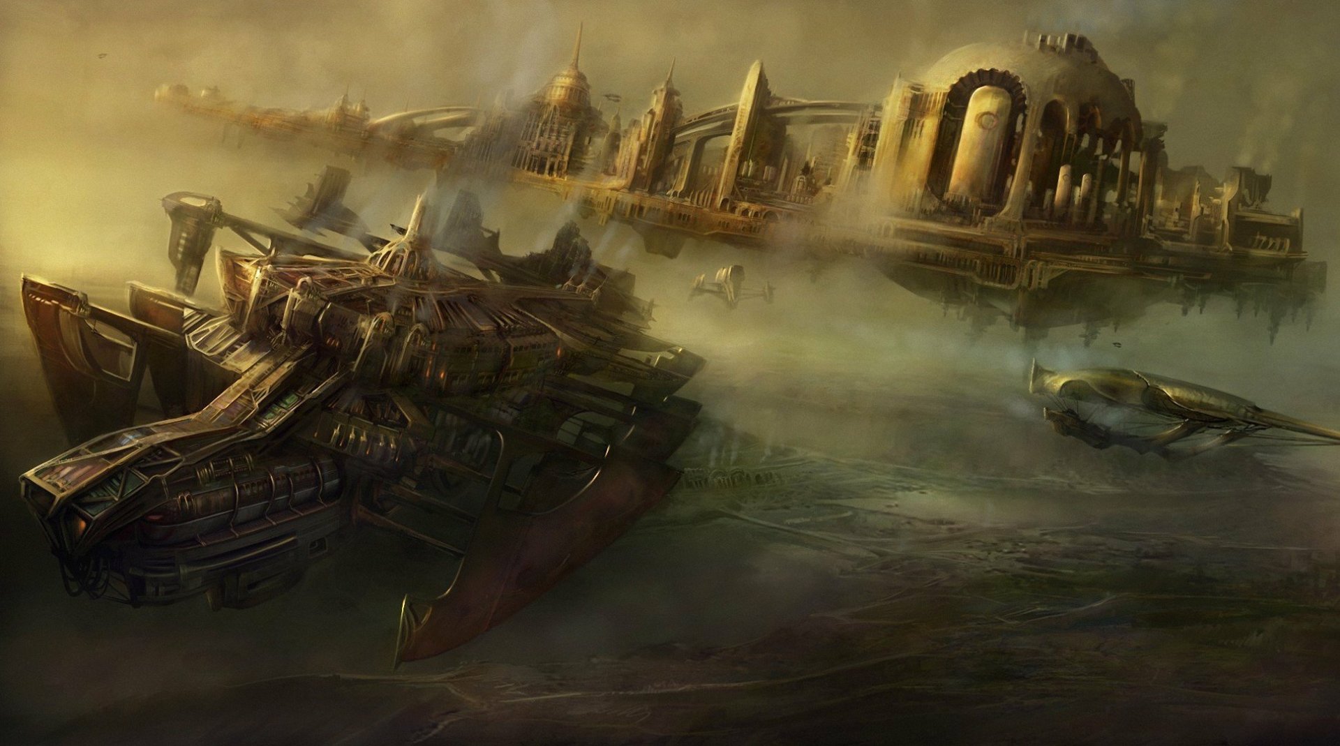 Steampunk sci-fi HD PC desktop wallpaper: a colossal mechanical airship glides over misty waters toward a ruined, brass-and-gear floating city with arches and smokestacks.
